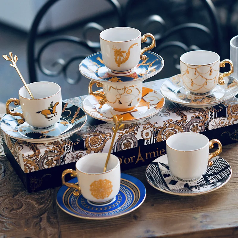 

Turkish Espresso Coffee Cups Set 6 Pieces Bohemia Ceramic Coffee Mug Drinking Cup with Handle for Tea Milk Tea Set Gift Box