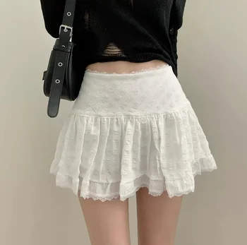 Y2K Low Rise Mini Skirt Tiered Ruffled Lace Trim White Short Skirt Summer Women Teen-Girl Feminine Barbiecore Outfit 2