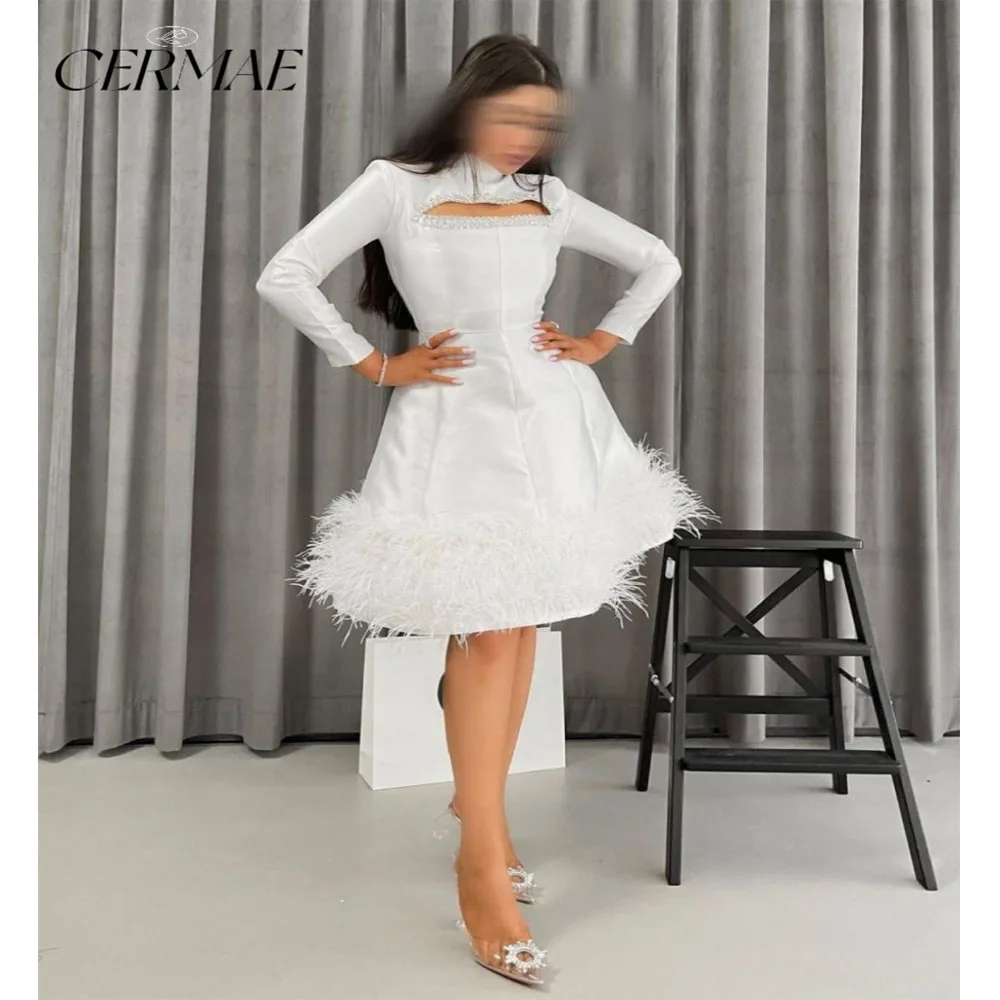 

CERMAE White High Collar Long Sleeved Short Plume Elegant Formal Evening Prom Bridesmaid Party Dress for Women 2023