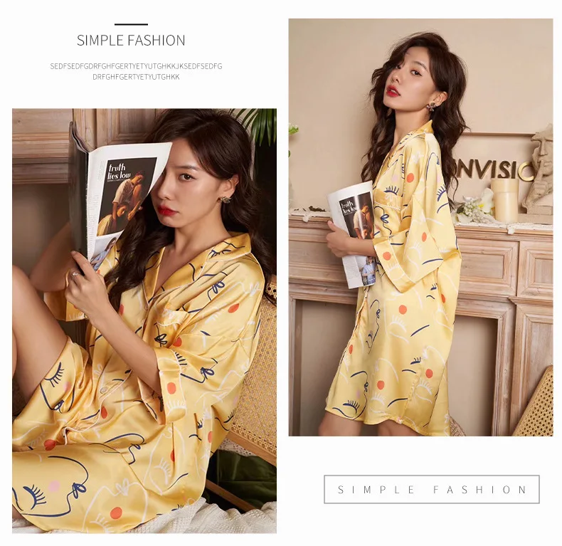 Simulated silk pajamas women's new sexy boyfriend style shirts home clothes mid-length thin loose nightdresses