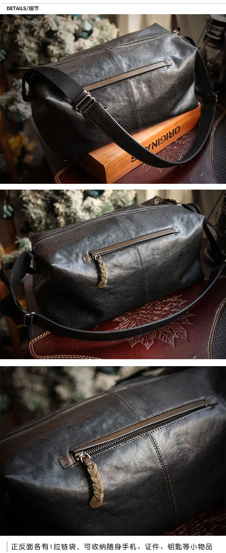 PNDME lässige Outdoor-Reisetasche aus echtem Leder für Herren mit großem Fassungsvermögen, modische Umhängetasche aus weichem Rindsleder, Fitness-Umhängetasche – Detail 2