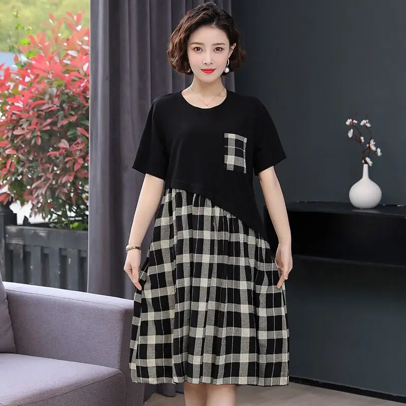 

Women 2024 Summer Fashion Middle-aged Patchwork Dress Female Printing A-line Vestidos Ladies Short Sleeve Loose Dresses B36