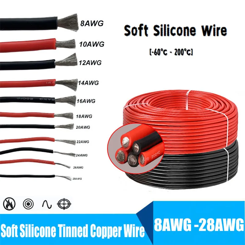 Супермягкий силиконовый провод 28awg 26awg 24awg 22 20 18 16 14 12awg 10awg 8 awg красный черный термостойкий шнур питания для автомобильного аккумулятора