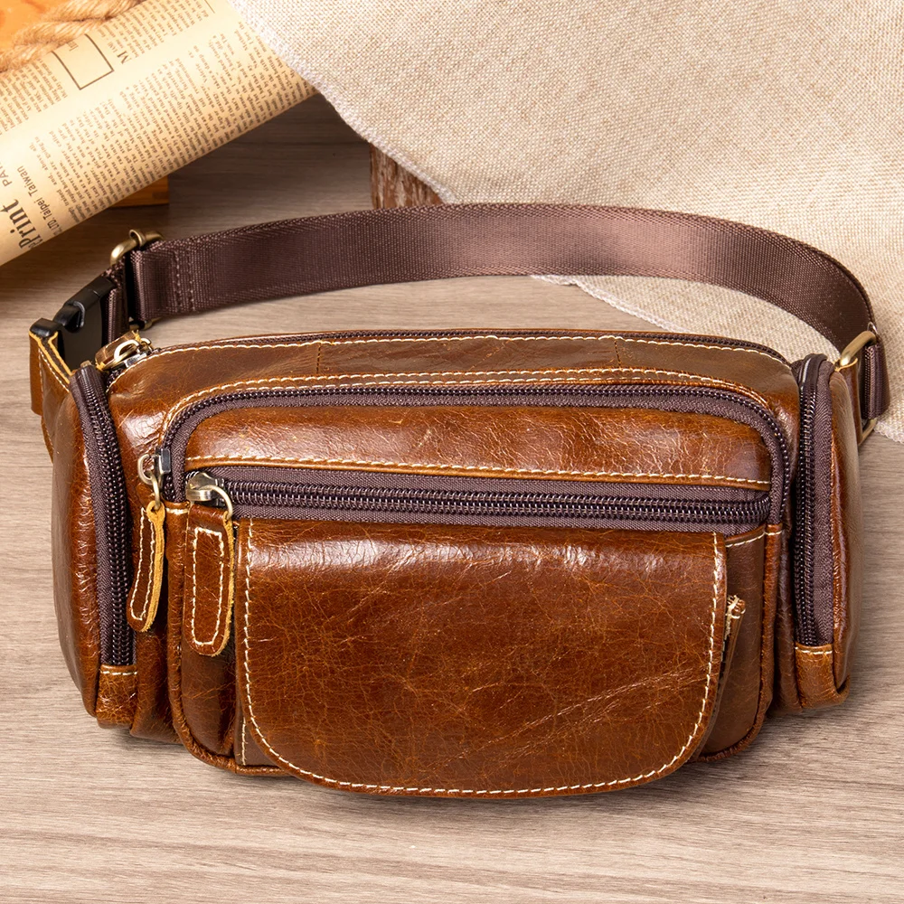 

genuine leather Travel Waist Pack Fanny men Leather Belt bags phone pack small chest messenger for man 8355