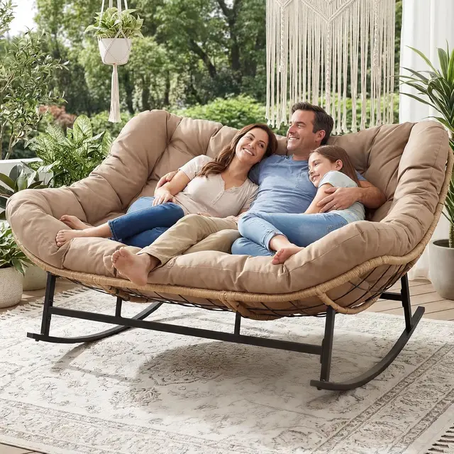 Double Papasan Rocking Chair Indoor Outdoor, 2 Person Wicker Rocking Egg Chair with Cushions for Relaxing/Napping, Sensory Comfort