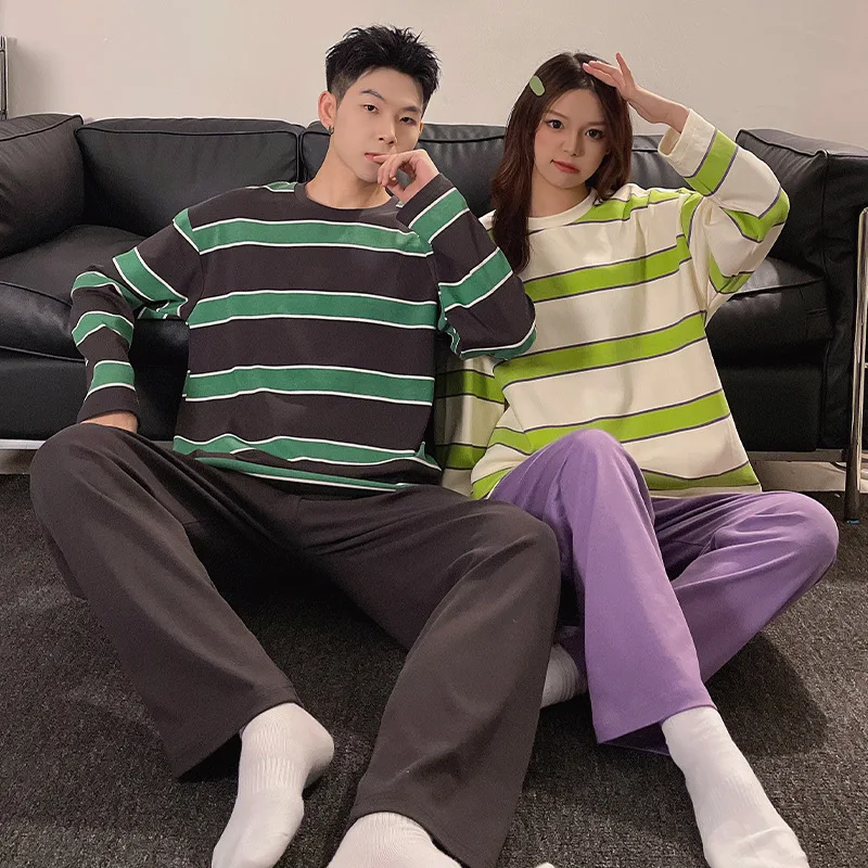 

2023 New Cotton Mens Long Sleeves Pajamas Set Women's Spring Nightwear Striped Casual Loungewear for Couples Pjs Lover Pyjamas