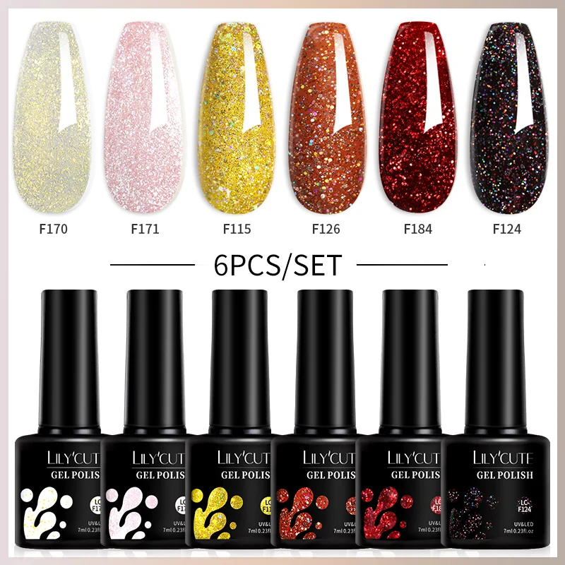 LILYCUTE 7ml Glitter Gel Nail Polish Set – 6-Piece Collection for Stunning DIY Nail Art
