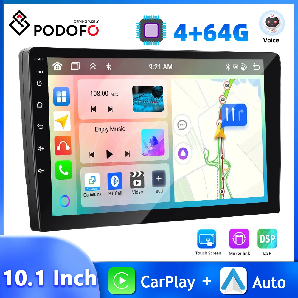 

Podofo 10.1 Inch Car Stereo 4+64G Multimedia Player Carplay Android Auto Bluetooth AI Voice WIFI GPS Navigation DSP Car Audio