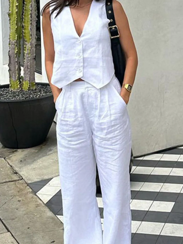 

Apprabant Summer Women Clothing Fashion Solid Long Two Piece Set Pants Sleeveless Vest Japan Korean Casual Style Office Lady