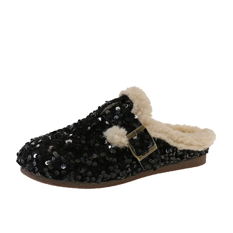 Sequined Round Toe Flat Casual Slippers 2025 Women Glitter Fashion Lamb Wool Splicing Shoes Sandals Home Outdoor
