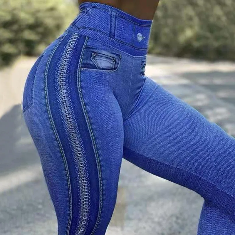 leggings Plus Size 2XL High Waist Faux Denim Jean Leggings Slim Elastic Seamless Skinny Pencil Pant Female Workout Running Leggings scrunch leggings