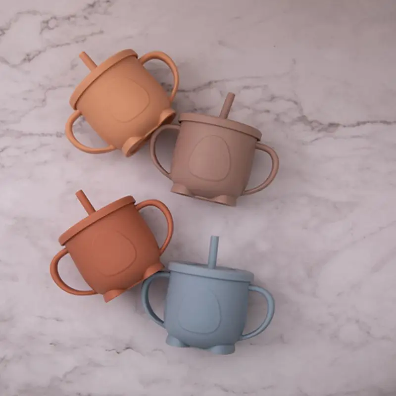 Baby Feeding Cups Straw Bottle Sippy Cup Silicone Baby Cup Double Handle Sippy Cups Drinkware Child Anti-Hot Leakproof Water Cup 2