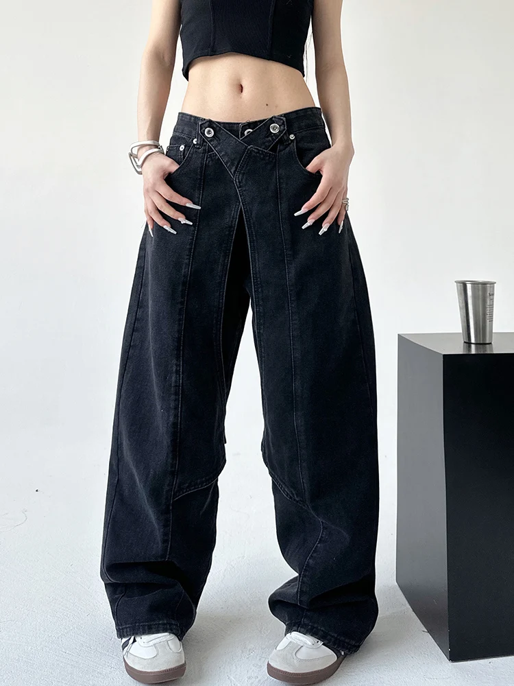 

Женские черные джинсы, мешковатые винтажные ковбойские брюки с высокой талией в стиле Харадзюку, прямые джинсовые брюки Y2k Trashy 2000s, одежда 2024