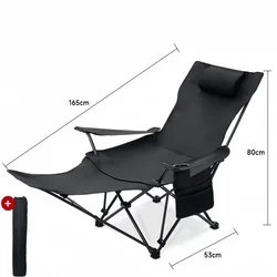 Portable Outdoor Folding Lounge Chair with Adjustable Reclining Angles and Foot Support (Black)
