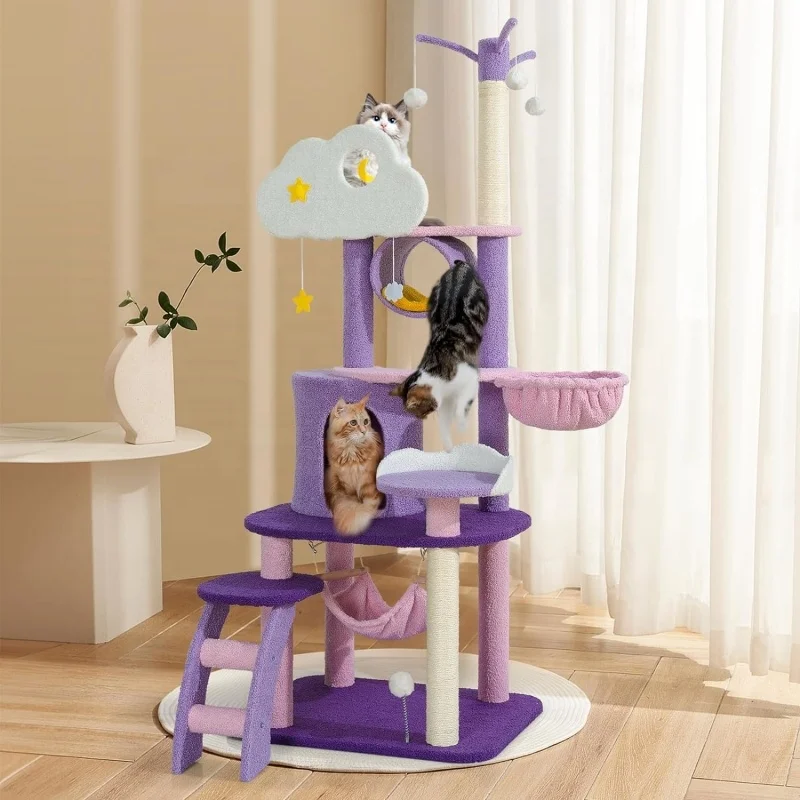 Unique Moon Cloud Cat Tree Tower Cute Cat Houses Sisal Rope Scratching Post Plush Hammock Multi-Level Purple Tree