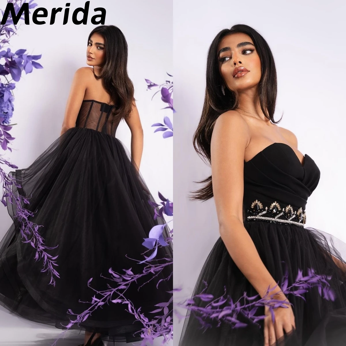 

Black Tulle Evening Dresses Beads Crystal Sweetheart Neckline A-Line Prom Dresses 2023 Modern Girl Formal Occasion Dresses