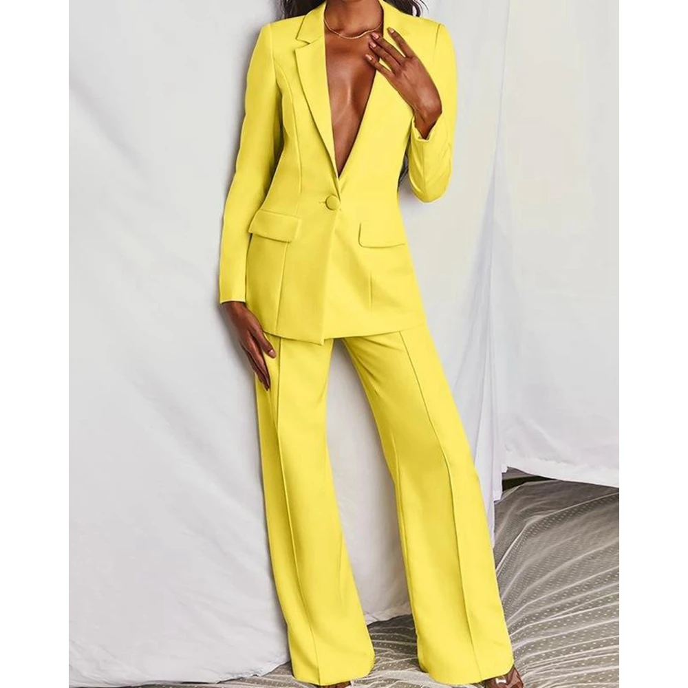 Women Solid Color OL Style Single Button Blazer Sets Elegent Pant Set Female Two Pieces Suit Set Office Lady Business Workwear