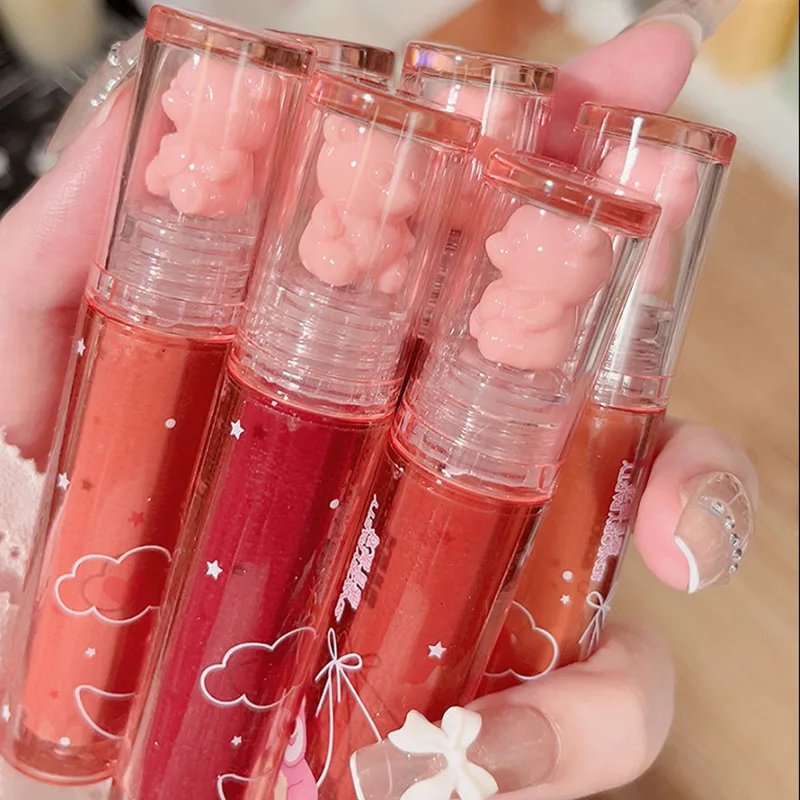 Liquid Lipstick Crystal Glossy Lip Glaze Mirror Cute Bear Lip Gloss Waterproof Transparent Nude Lip Girls Makeup Korean Makeup