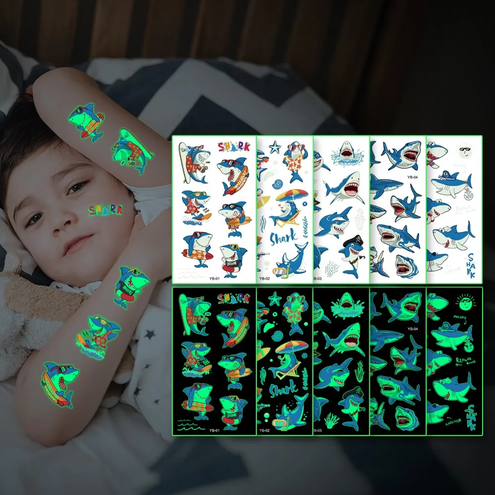 5 Pz/Set Adesivi Per Tatuaggi Notturni Luminosi Per Bambini Squalo Delfino Temporaneo Impermeabile Tatto Body Art Kid Cartoon Falso Tatoo