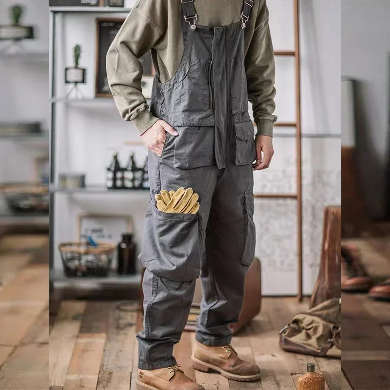 Men Retro American Cotton Overalls Bibs Loose Washing Jumpsuit Suspenders
