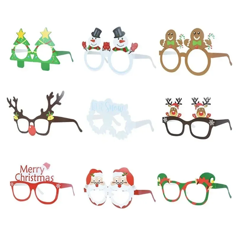 9Pcs/Set Merry Christmas Photo Props Santa Claus Snowman Elk Paper Glasses Kids Christmas New Year Party Supplies