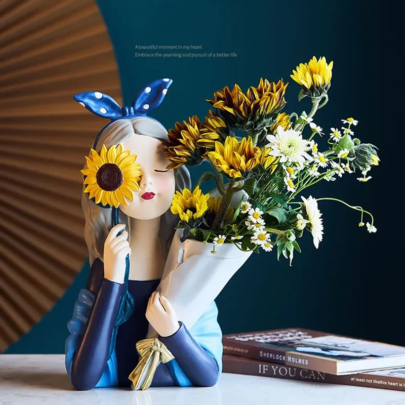 

Moden Nordic Girl Resin Bouquet Statue Creative Flower Vase Table Decorative Sculpture Home Living Room Desk Figurine Decoration