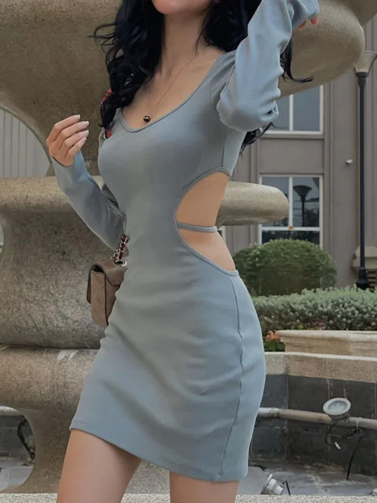 

Solid Vintage Black Bodycon Dress Women Sexy Y2k Hollow Out 2024 Autumn Outfits Backless Wrap Slim Short Evening Party Dresses