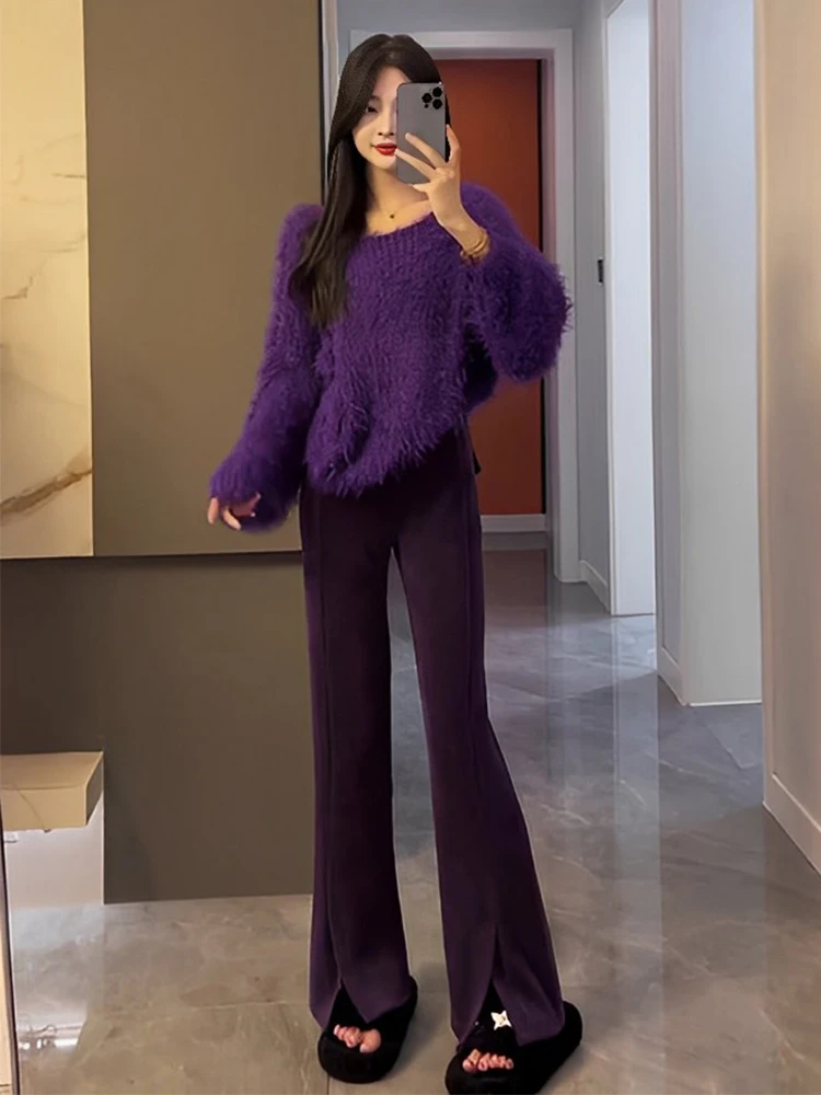 

2023 Winter Knitwear 2 Piece Knitted Sweater Coat+Velvet wide-leg pants Pants Casual Two Piece Set Tracksuits
