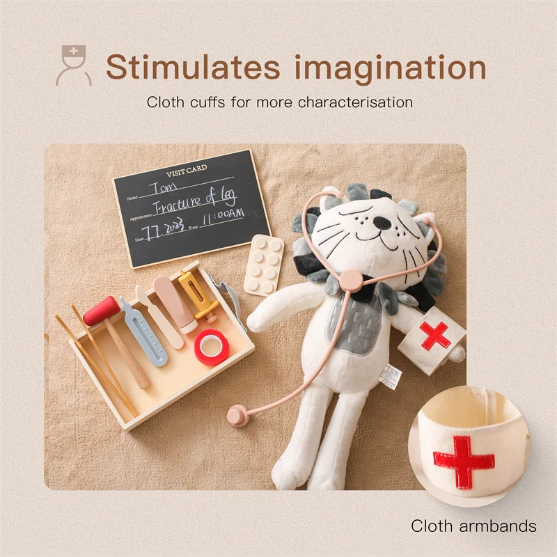 Baby Simulation Doctor Toy Wooden 3D Medical Box Montessori Stethoscope Thermometer Play House Toy Educational Toy Children Gift 2