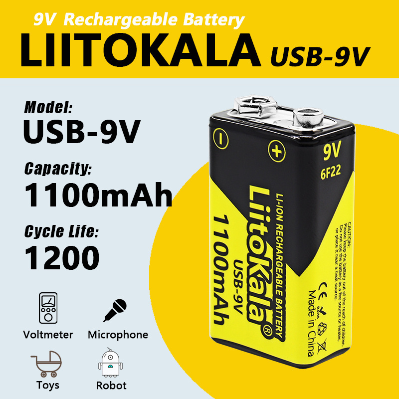 1-40pcs LiitoKala USB-9V 1100mAh li-ion Rechargeable battery Type-C charge for Multimeter Microphone Toy Remote Control KTV use