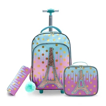 3PCS Rolling Backpack for Girls Kids  Wheeled School BookBag With Lunch And Pen Bag  Iron tower Pink  Glow-in-the-dark Function 1