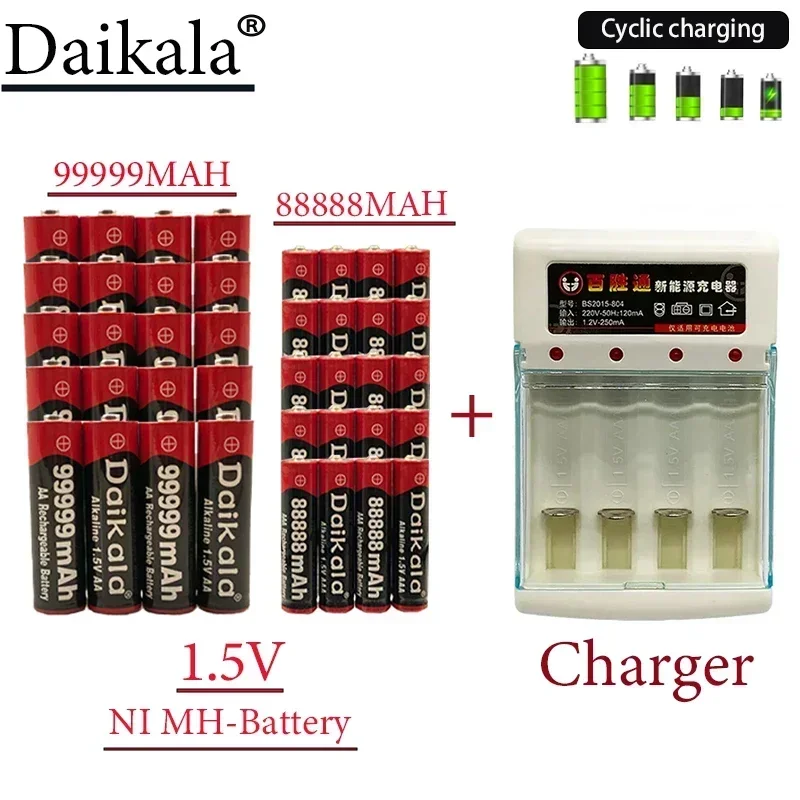 

New 1.5V Battery High Capacity AA99999 MAh+AAA88888 MAh Alkaline Technology for Clock Toy Camera AA Rechargeable Battery+Charger