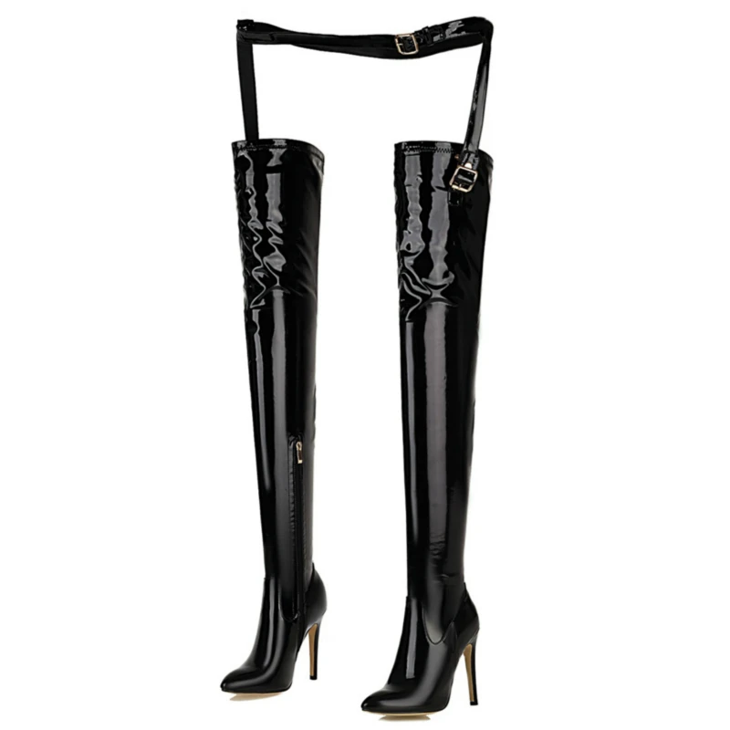 

2023 Fashion Belt Women's Thigh High Boots Over-the-knee Boots Female Heeled Patent Leather White Red Fetish Long Shoes