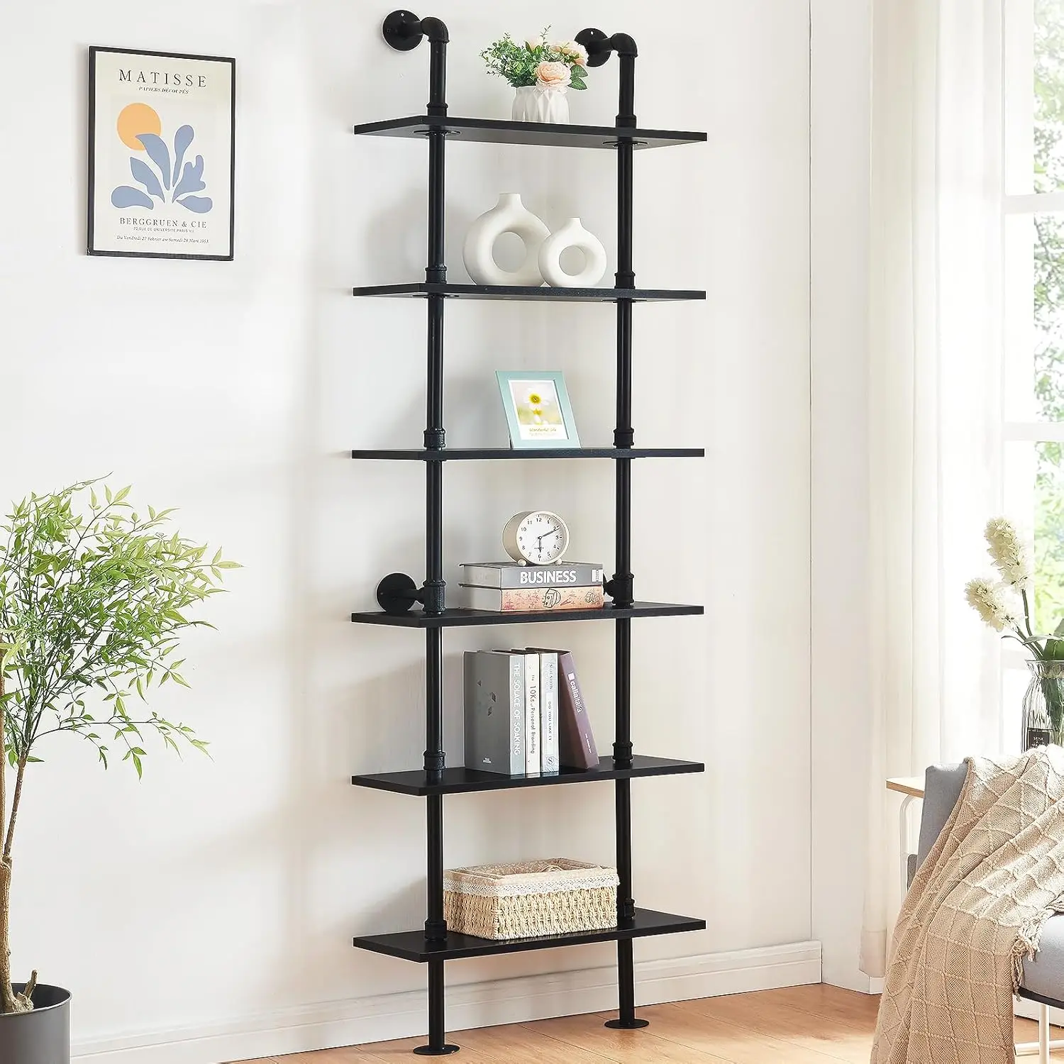 

HOMBAZAAR Industrial Bookshelf, 6-Tier Industrial Pipe Bookshelf, Wall Mounted Ladder Shelf with Metal Frame for Home Office