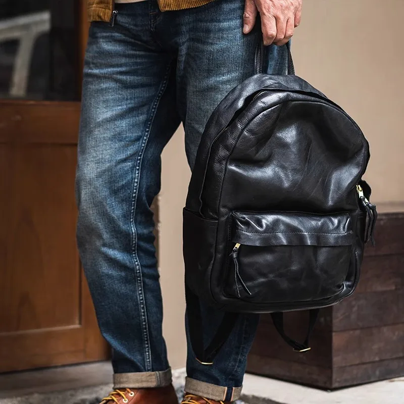 Casual vintage organizer handmade genuine leather men's black backpack outdoor travel luxury real cowhide designer bagpack