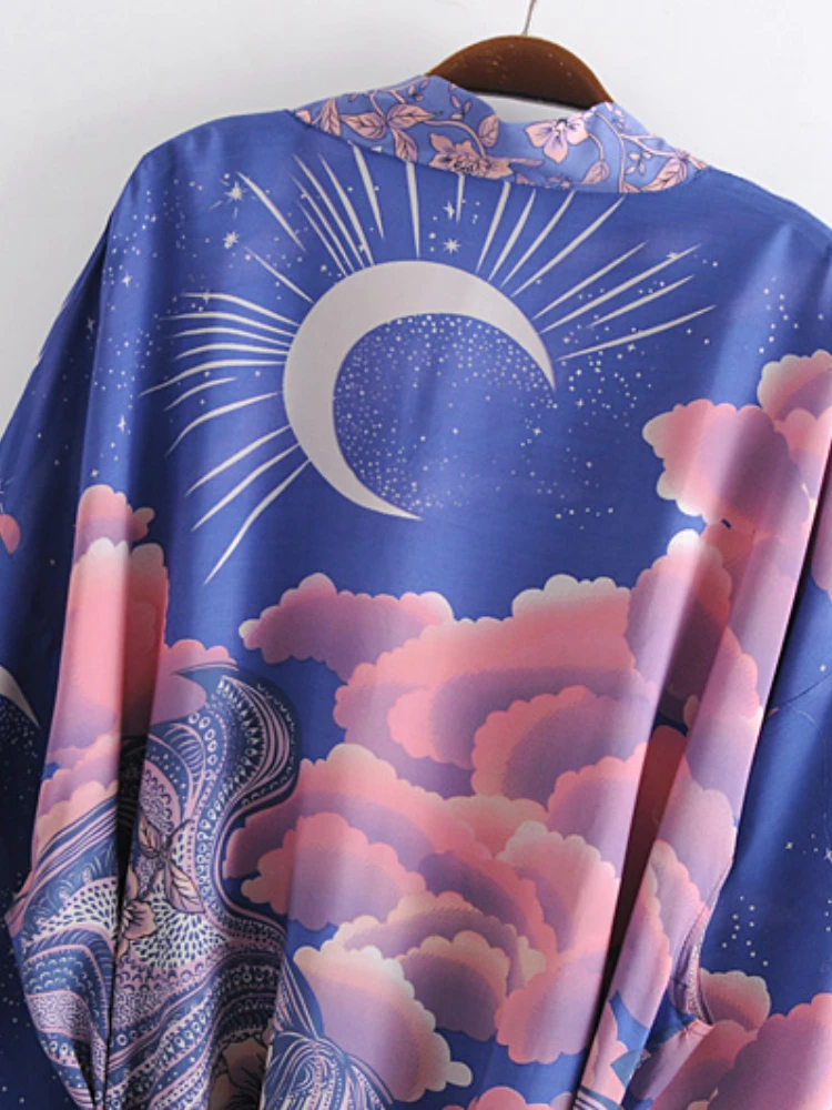 Boho 빈티지 스타와 달 꽃 프린트 새시 여성 보헤미안 V 넥 Batwing 슬리브 Happie 짧은 가운 기모노 드레스 커버 업