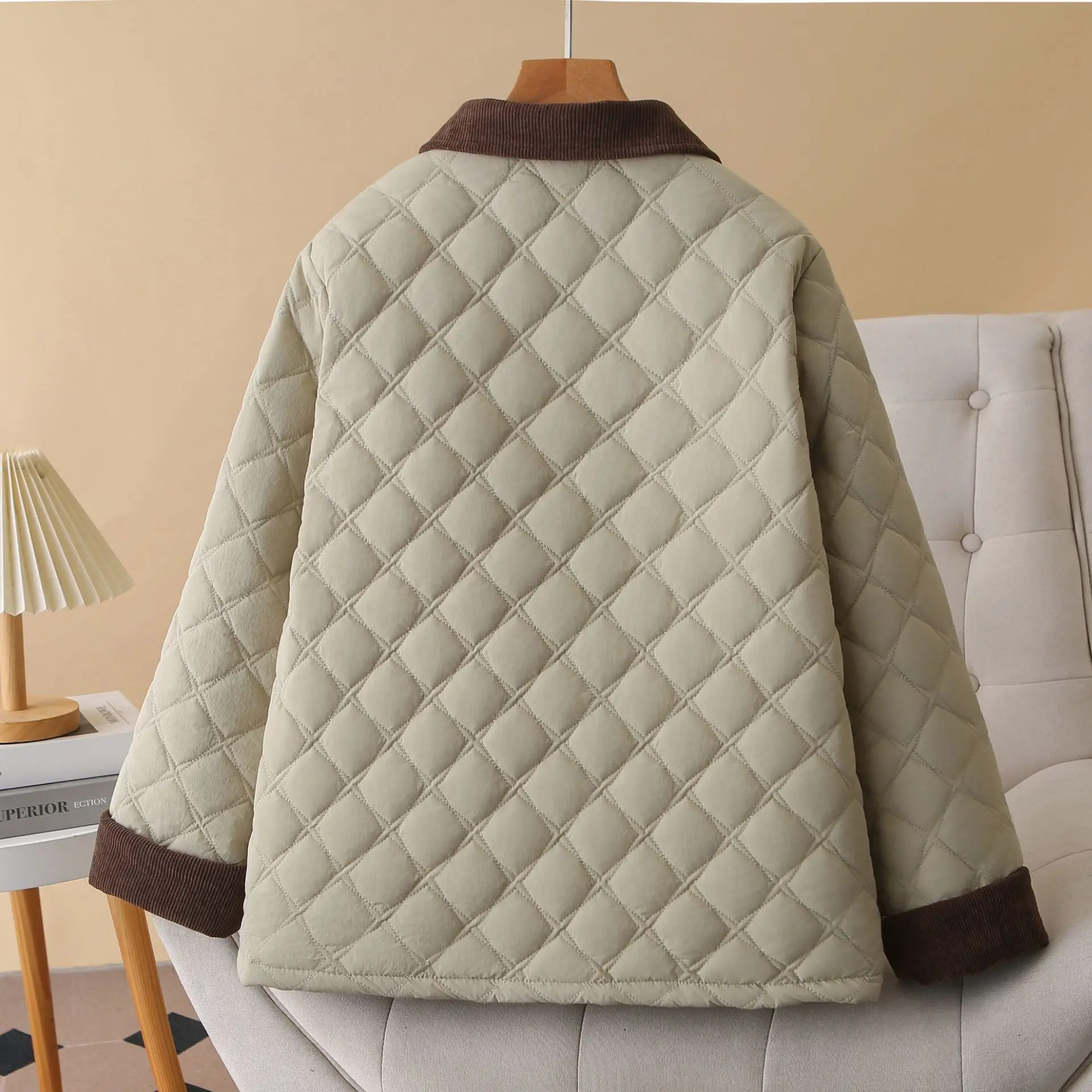 XXXXL Fashion Plus Size Women's Parkas 2025 Stylish Block Oclor Lapel Argyle Padded Jacket Casual Warm Coat 650