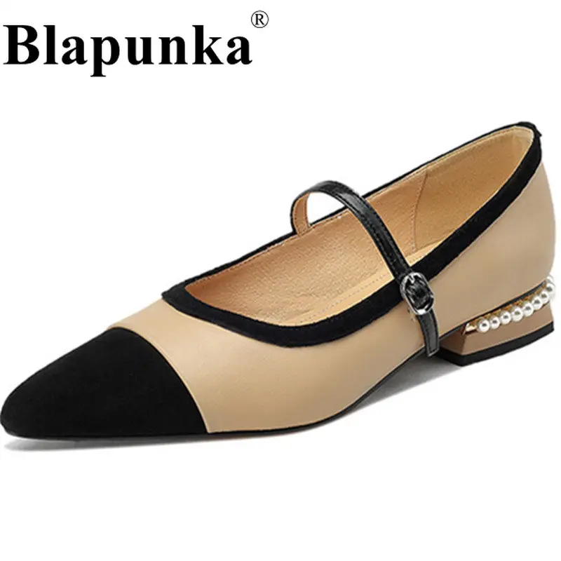 

Blapunka Women Real Leather Flats Mary Jane Shoes Buckle Sheep Suede Pointed Toe Mix-color Pearls Heels Flats Ladies Espadrilles