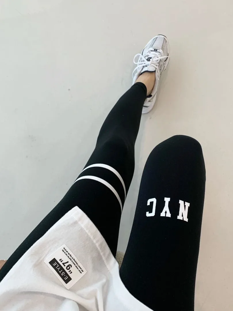 Slimming Effect High Waist Elastic Letter Pattern Double Stripe Tight Fit Base Layer Pants Autumn New Arrival Dongda Gate