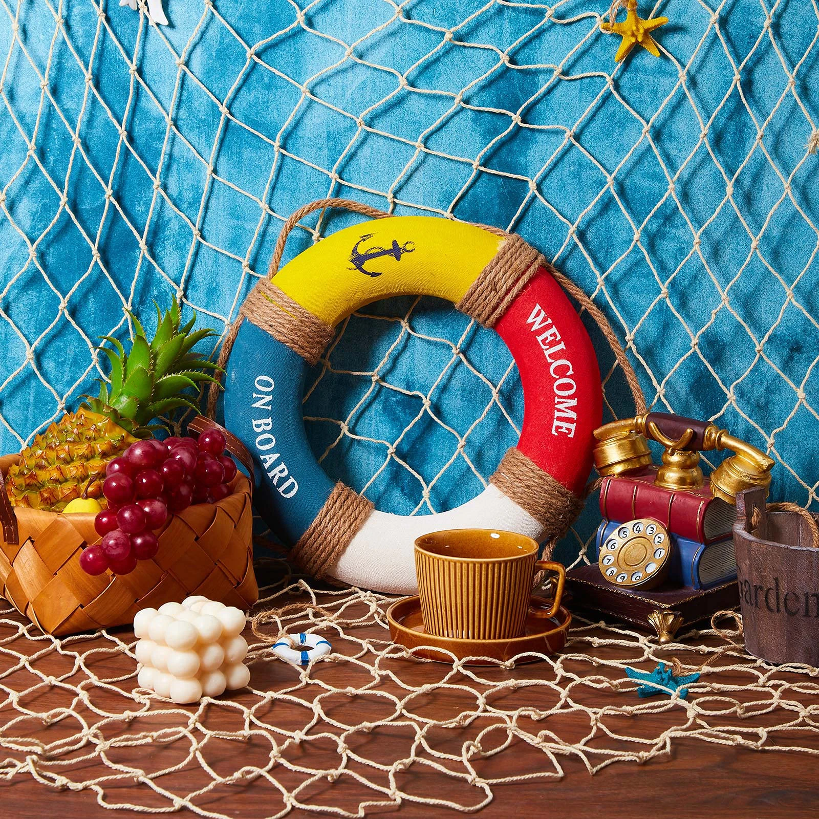 Resin Starfish Ornaments Fishing Net Wall Decoration 16pcs Nautical Fish Net Wall Decoration with Starfish Ornaments and Clips for Pirate Party Photographing Decor
