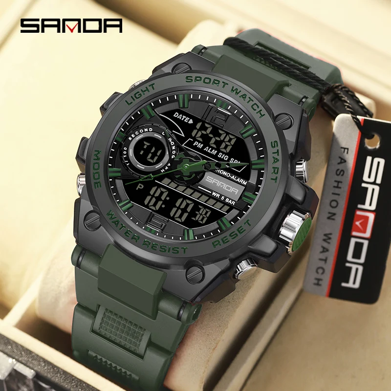 SANDA Military Watch Brand Classic Multifunctional Dual Display Watch For Men HD LED Digital Analog Watch Waterproof Reloj 9010 digital multimeter ac dc ammeter volt ohm tester meter profession 6000 counts true rms analog tester lcd backlight display