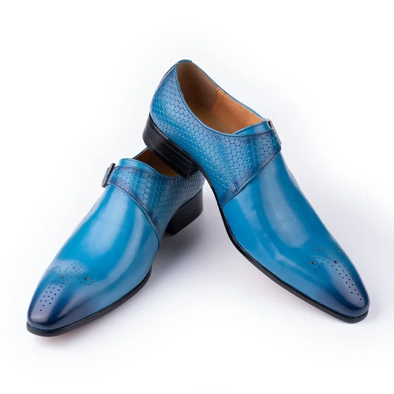 Men Loafer Shoes Elegant Dress Formal Suit Breathable Leather Shoe No Slip Handmade Monk Adult Footwear Blue Black
