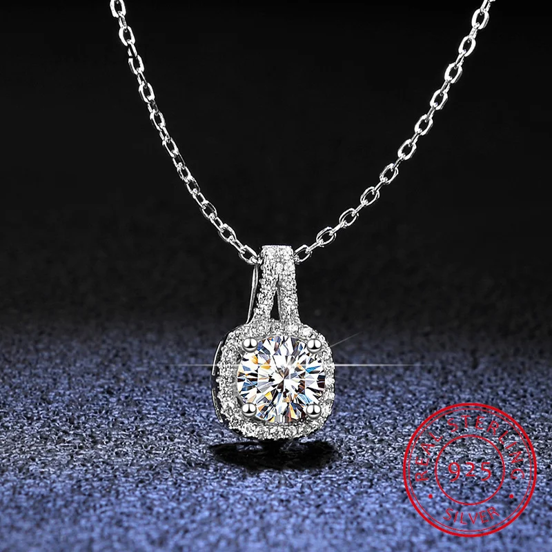 Moissanite Pendant Necklace 1CT Round Cut Emerald Cut Halo Design 14K Plated Silver