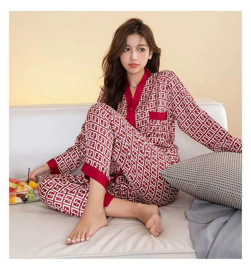 Hot Sale Women's Pajamas Set Design Luxury Cross Letter Print Sleepwear Silk Like Home Clothes XXL Large Size Nightwear silk pajamas