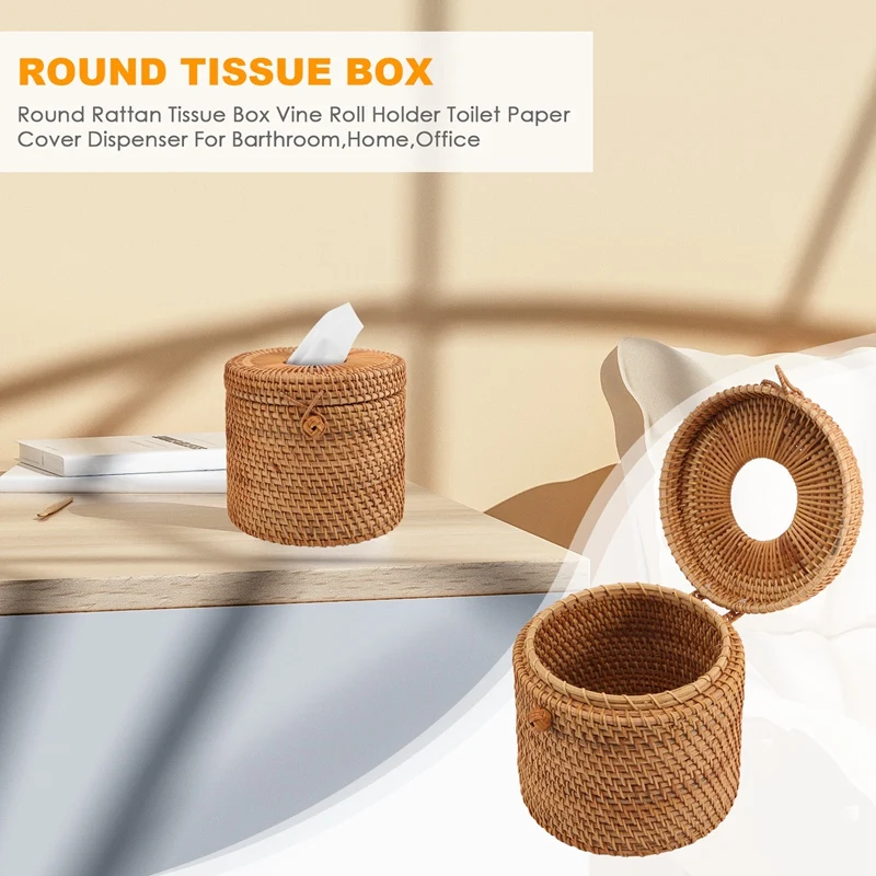 Round Rattan Tissue Box Vine Roll Holder Toilet Paper Cover Dispenser For Barthroom Home Hotel And Office tissue holder