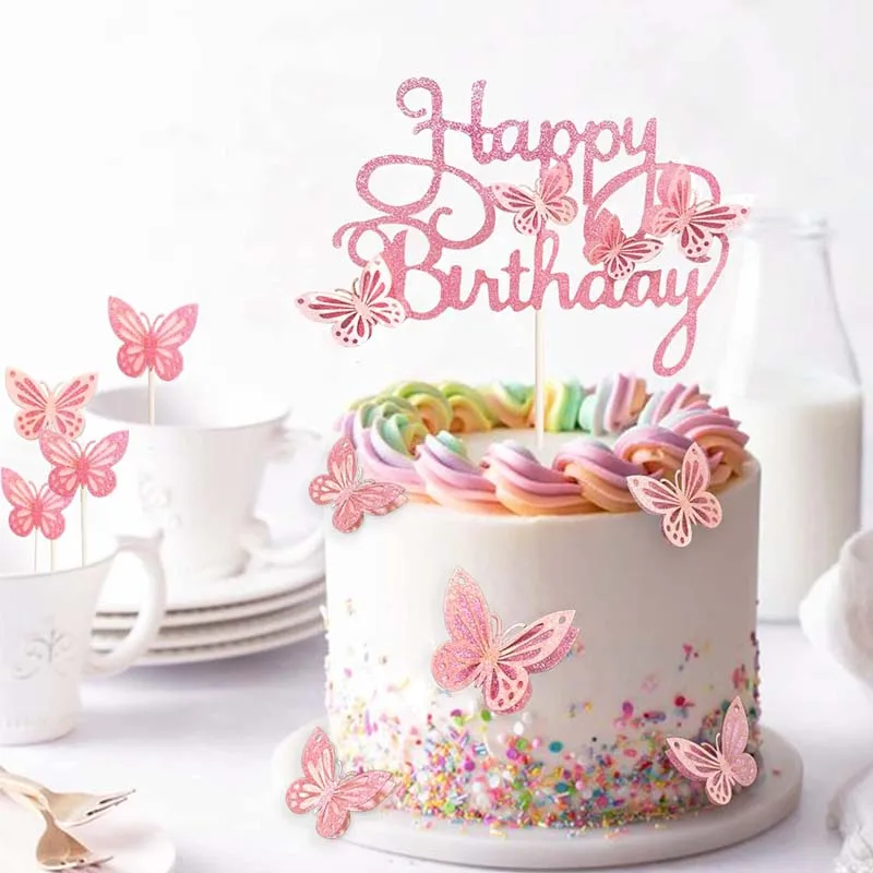 ファッションアイテム人気ランキング Pink 13pcs Butterfly Topper Cake Birthday Happy Toppers Cake 小物