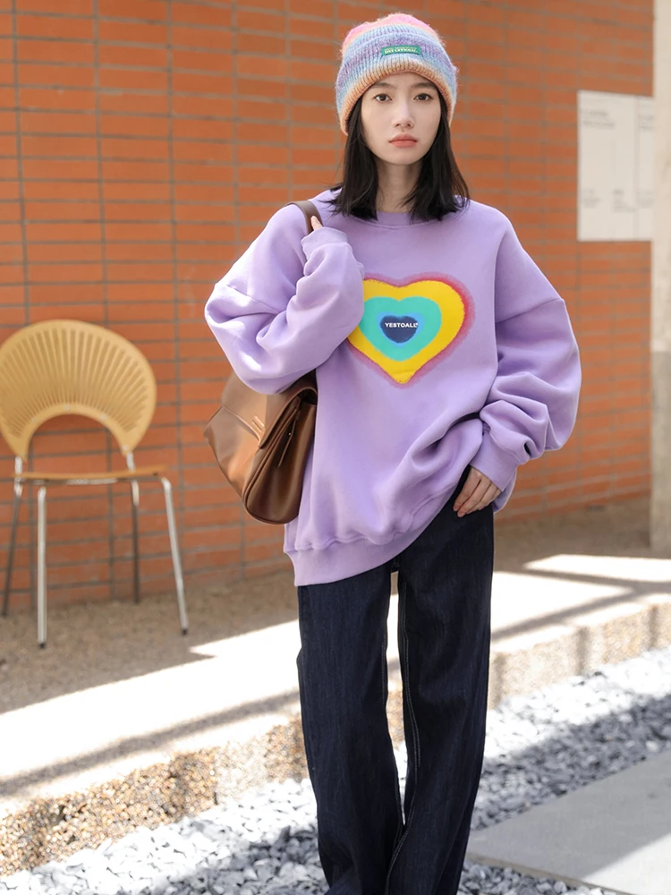Printed Fleece Sweatshirt Winter Oversized Pullovers Korean Fashion Purple O Neck Loose Casual Couple Pulls Female 2023 New Fall