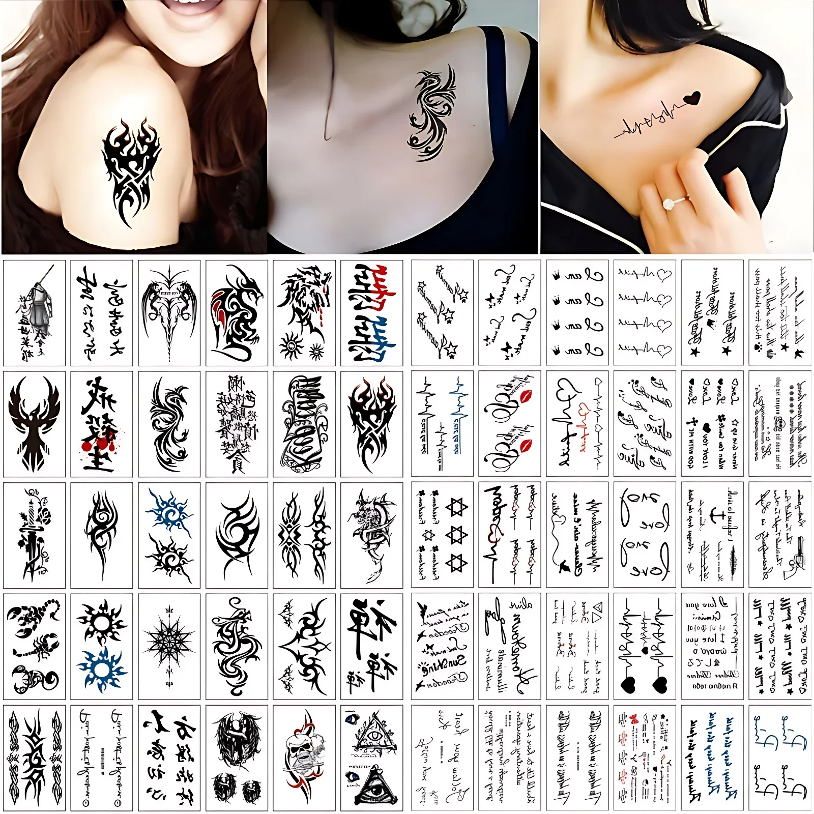 60pcs/set Temporary Tattoos Adhesive Men Boys Chinese Letters Totem English Word Sentences Waterproof Tattoo Sticker Wrist Hand