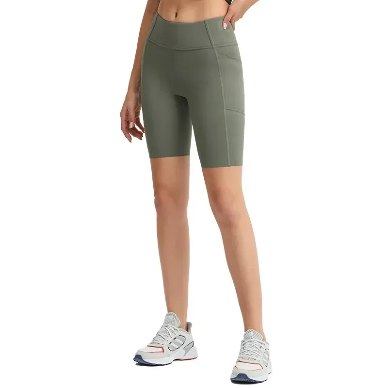 Lemon Women Sports Yoga Shorts Pocket High Waist Solid Skinny Fitness Gym Running Cycling Short Casual Shorts With Pockets