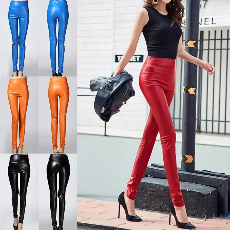 

Autumn Winter Colorful Elastic Leggings Wearing Solid Color High Waisted Tight Leather Pants Plush And Thickened Pants For Women